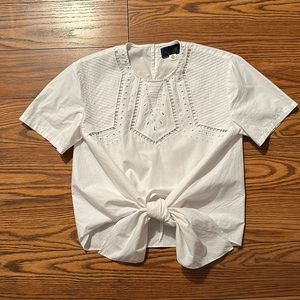 Embroidered White Cutout Tee Knotted Tie Front Boxy Blouse XS